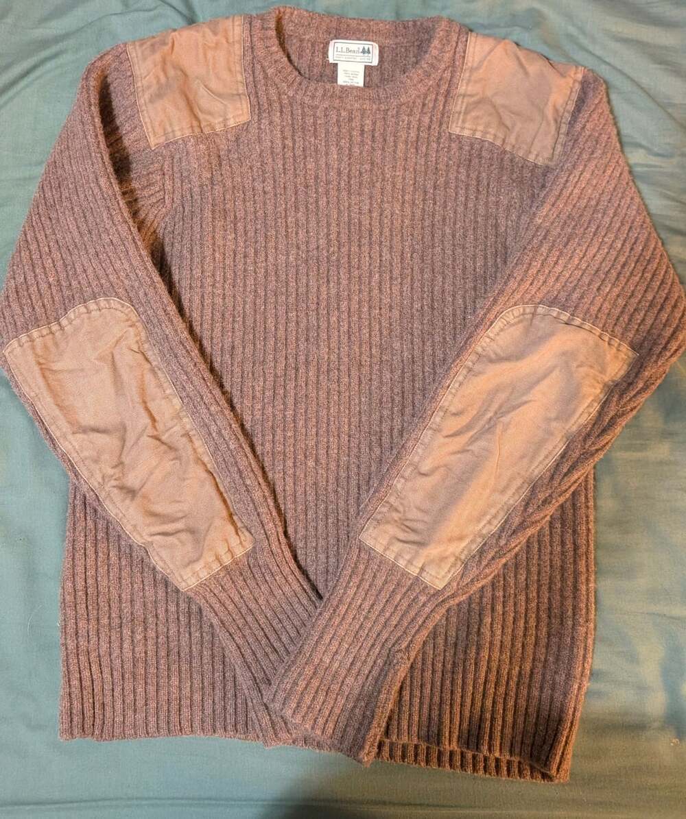 LL Bean Commando Sweater Merino Lambswool Brown Elbow Shoulder Patch L-REG